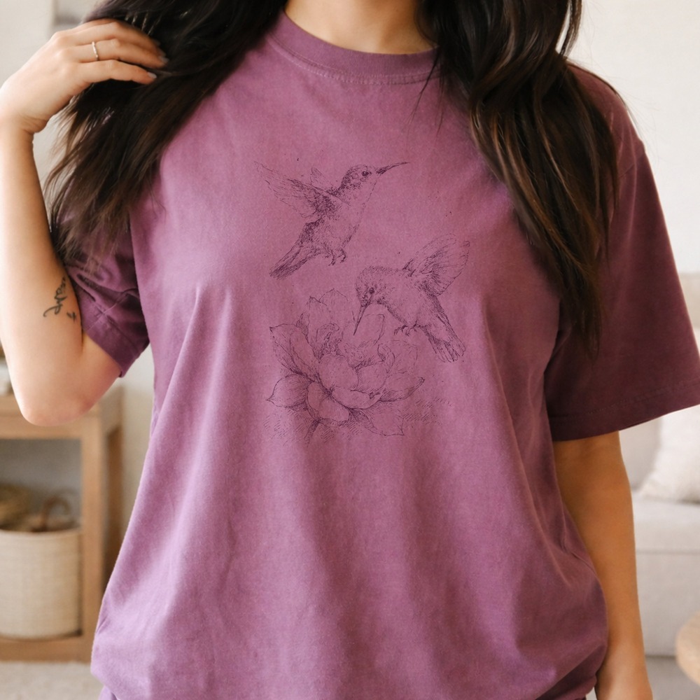 Hummingbirds & Blooms Boho Vintage Style Flower Bird Tee